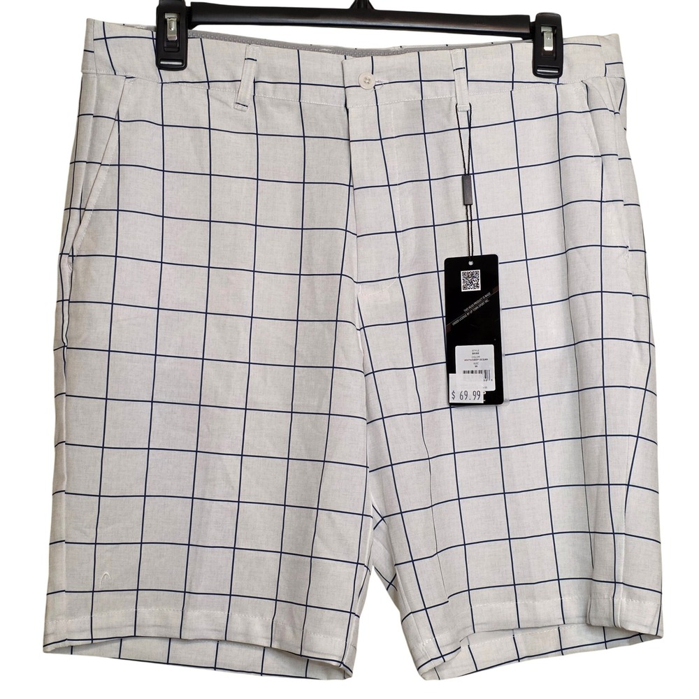 HEAD Golf Men's Shorts‎ 36 White Blue Grid Windowpane Print Lightweight NWT